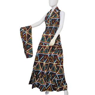 African Ankara Style Print Long Smocked Maxi Sundress with Headwrap
