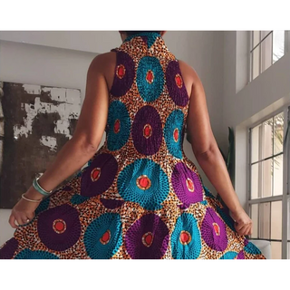 African Ankara Style Print Long Smocked Maxi Sundress - One Size Fits S - 2XL