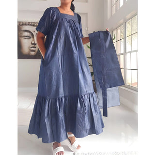 African Ankara Denim Print Maxi Off Shoulder Trapeze A Line Dress Long Sleeve Layered Ruffle