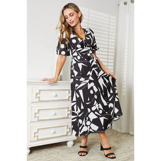 Printed Surplice Balloon Sleeve Dress