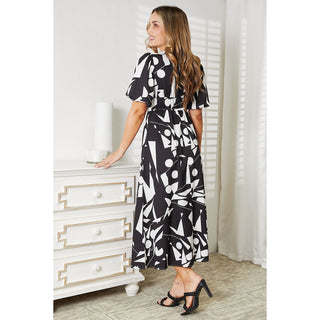 Printed Surplice Balloon Sleeve Dress