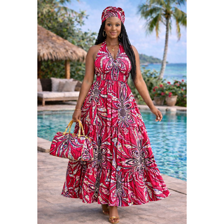 Women Long Smocked Maxi Sundress with Headwrap