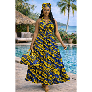 Women Long Smocked Maxi Sundress with Headwrap
