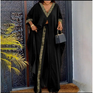Casual Kimono Button Top + Pants Set - Spandex/ Polyester Stretch Material