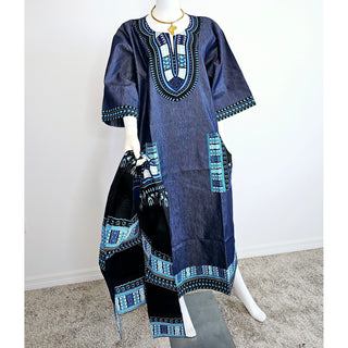 African Print Dashiki Denim Print Long Maxi Dress with headwrap head scarf - Plus Size