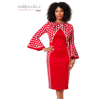 Donna Vinci Suit 12261 | Red & White Rhinestone Chain Detail Set