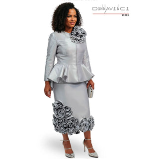 Donna Vinci 2 pc Suit with Ruffled Novelty Fabric 12164 - Silver