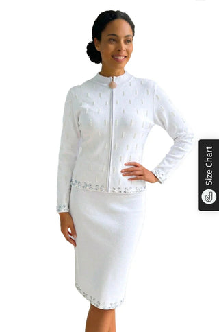 Donna Vinci 13460 | Pure White Knit Jacket & Skirt Set with Pearl & Rhinestone Trim