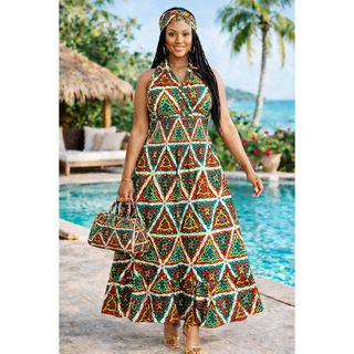 Women Long Smocked Maxi Sundress with Headwrap