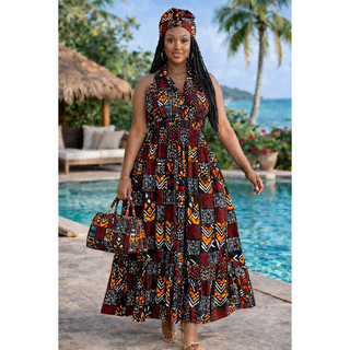Women Long Smocked Maxi Sundress with Headwrap