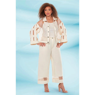 Donna Vinci 12198| Beige Poly/Spandex Pant Suit with Organza Detail