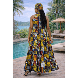 Women Long Smocked Maxi Sundress with Headwrap