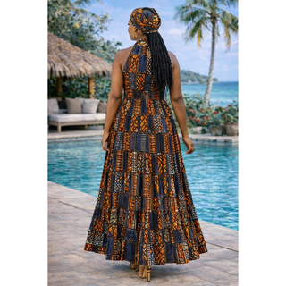 Women Long Smocked Maxi Sundress with Headwrap