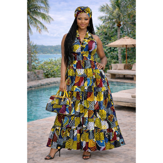 Women Long Smocked Maxi Sundress with Headwrap