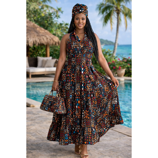 Women Long Smocked Maxi Sundress with Headwrap