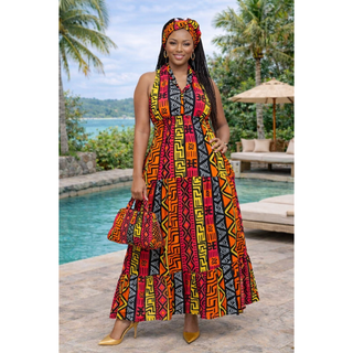 Women Long Smocked Maxi Sundress with Headwrap