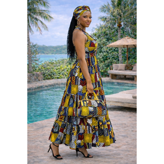 Women Long Smocked Maxi Sundress with Headwrap