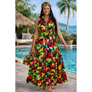 Women Long Smocked Maxi Sundress with Headwrap