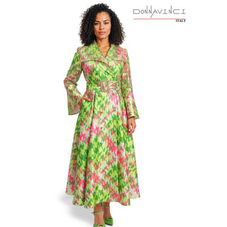 Donna Vinci Church Dress 12210 | Gold Button Trim & Rhinestone Belt - Lime/Pink