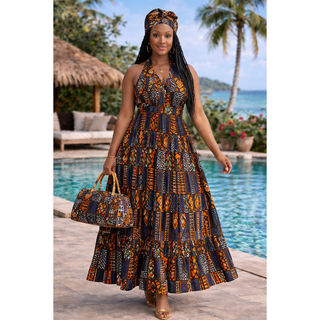 Women Long Smocked Maxi Sundress with Headwrap