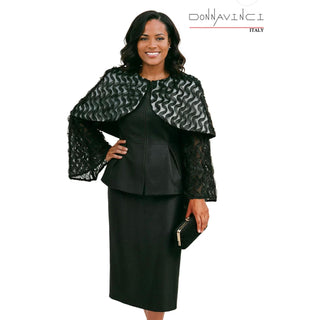 Donna Vinci 12265 | Black Virtual Silk Look Jacket & Skirt Set with Ruffled Cape Sleeves – Spring 2026
