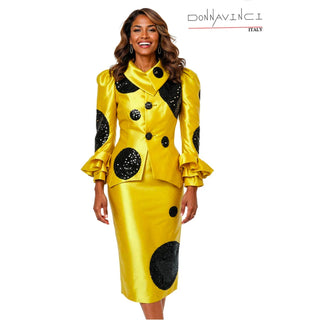 Donna Vinci 12205 | Yellow Black Sequin & Stone Button Skirt Suit