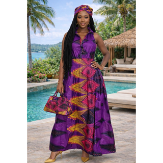 Women Long Smocked Maxi Sundress with Headwrap