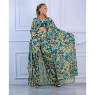 Summer African LONG Chiffon Kimono Two Piece Pant Set Long Abaya + Pants Suits Dress