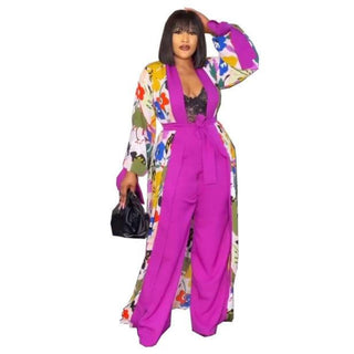 Summer African Chiffon Kaftan Robe Duster Two Piece Pant Set / Long Abaya + Pants Suits Dress