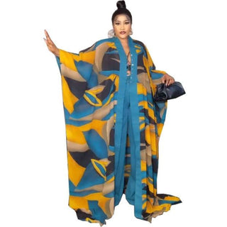 Summer African Chiffon Kaftan Robe Duster Two Piece Pant Set / Long Abaya + Pants Suits Dress