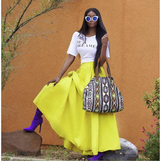 African Ankara Style Solid Long Maxi Skirt w/ Headwrap - Blue, Tan, Red, Purple, Black, Fuschia, Pink, Maroon, Yellow