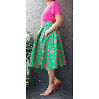 African Print Ankara Mid Length Midi Polka Dot Skirt - Green/Pink