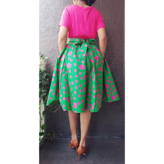 African Print Ankara Mid Length Midi Polka Dot Skirt - Green/Pink