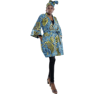 African Print Ankara Geometric Mid Length Long Kimono Duster Robe Coat Cover Up Kaftan Caftan