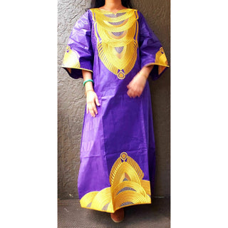 African Basin Riche Embroidery Long Kaftan Dress - Purple/Gold