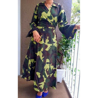 Long Wrap Dress/ Long Sleeves- Green Camouflage
