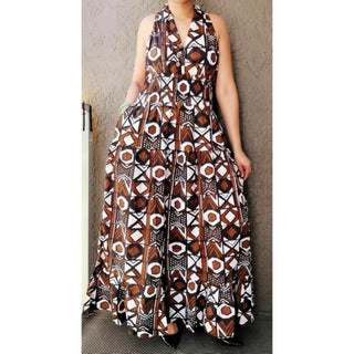 African Style Print Cotton Women Long Smocked Dress Sundress - Brown/Black/White