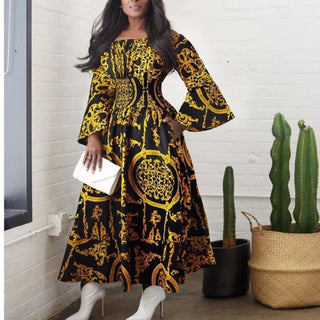 African Ankara Print Style Smock Elastic Waist Maxi Dress Ankle Length Bell Sleeve Black Yellow