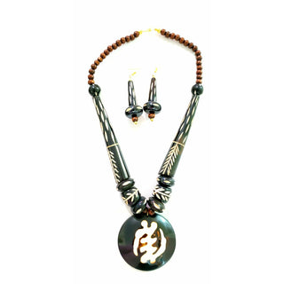 Long Beaded Gye Nyame Pendant Necklace & Earrings Set