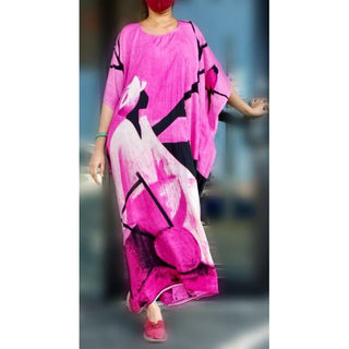 Tribal Hand Painted Kaftan Dress- Pink - One Size Fits S-2XL