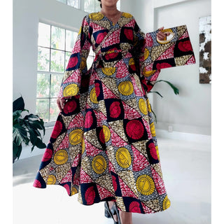 African Print Long Wrap Maxi Dress Ankle Length / Bell Sleeve Pocketbook Set - Free size- STRETCH FITS M TO 2XL