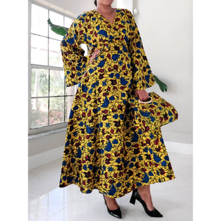 African Print Long Wrap Maxi Dress Ankle Length / Bell Sleeve Pocketbook Set - Free size- STRETCH FITS M TO 2XL