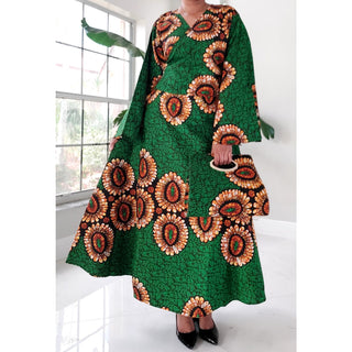 African Print Long Wrap Maxi Dress Ankle Length / Bell Sleeve Pocketbook Set - Free size- STRETCH FITS M TO 2XL