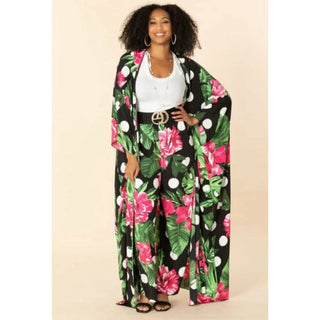Summer Kimono Kaftan Two Piece Pant Set Long Abaya + Pants Suits Dress - Plus Size
