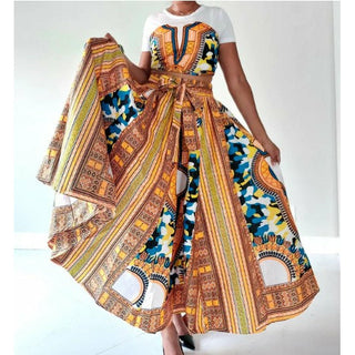 African Dashiki Print Maxi Skirt Free size- STRETCH FITS M TO 2XL