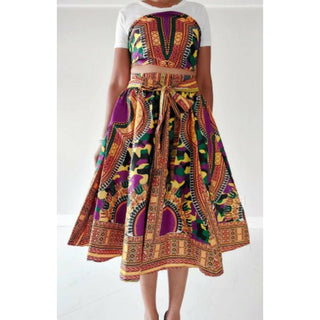 African Dashiki Midi Skirt with Headwrap - Free size- STRETCH FITS M TO 2XL