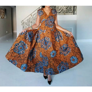 African Ankara Style Print Long Sleeveless Wrap Maxi Dress