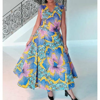African Ankara Style Print Long Sleeveless Wrap Maxi Dress