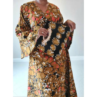 African Print Long Wrap Maxi Dress Ankle Length / Bell Sleeve Pocketbook Set - Free size- STRETCH FITS M TO 2XL