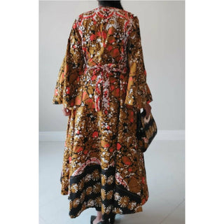 African Print Long Wrap Maxi Dress Ankle Length / Bell Sleeve Pocketbook Set - Free size- STRETCH FITS M TO 2XL